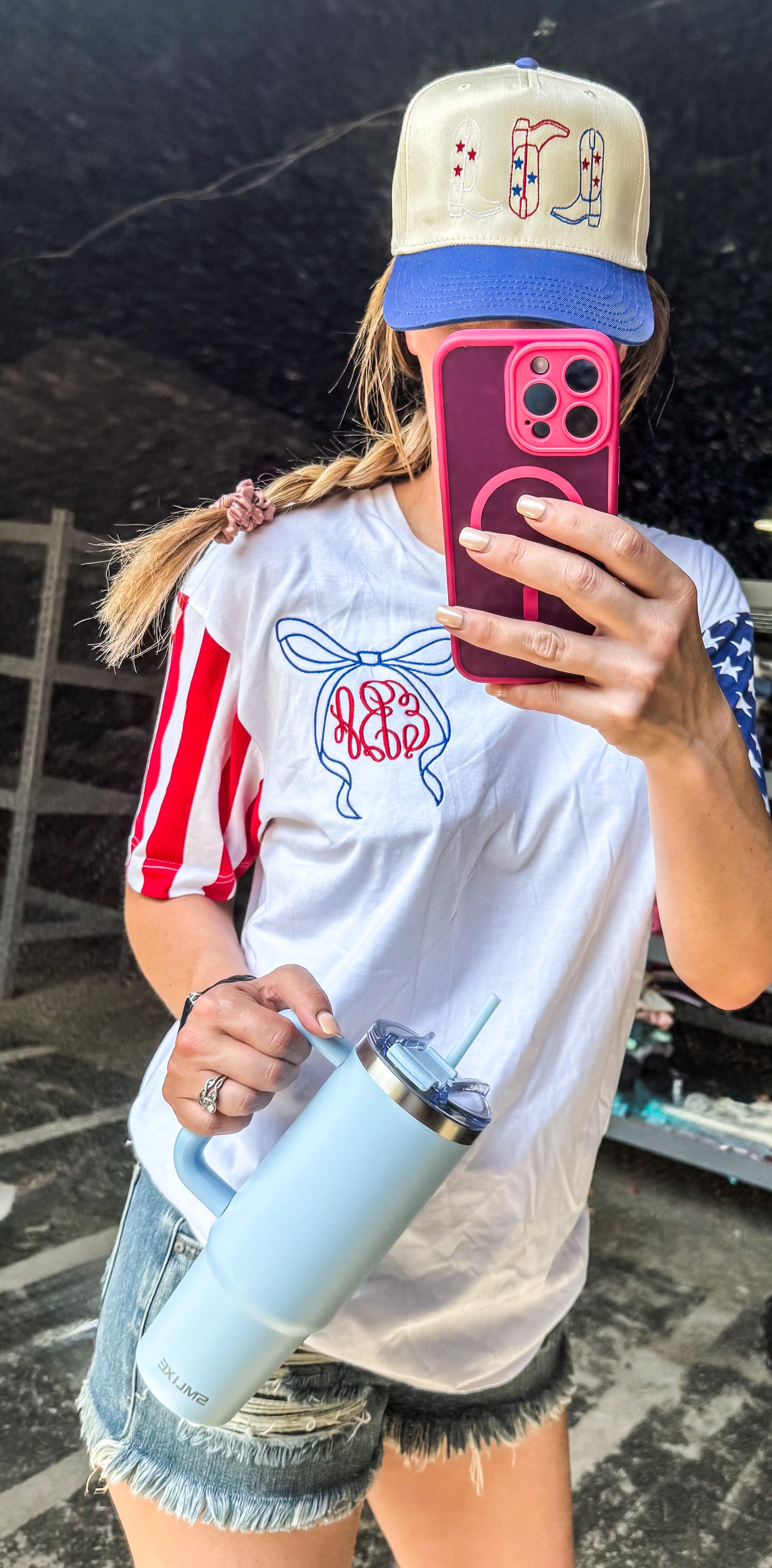 Stars & Stripes Sleeve Monogram Bow Graphic Tee