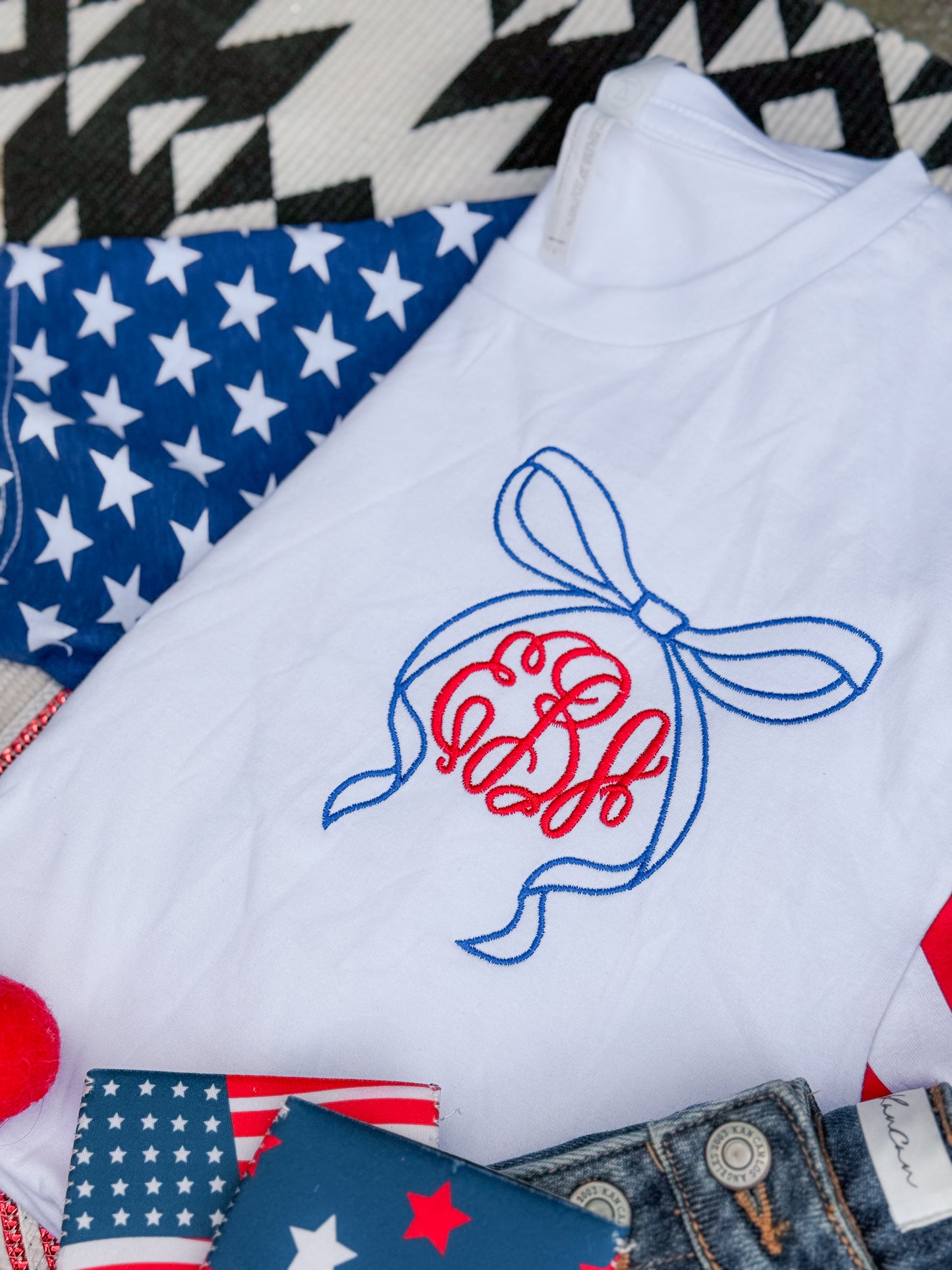 Stars & Stripes Sleeve Monogram Bow Graphic Tee