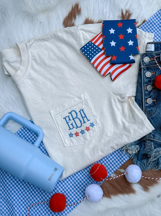 Monogrammed Sketch Star 4th of July pocket tee