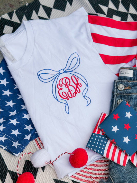 Stars & Stripes Sleeve Monogram Bow Graphic Tee
